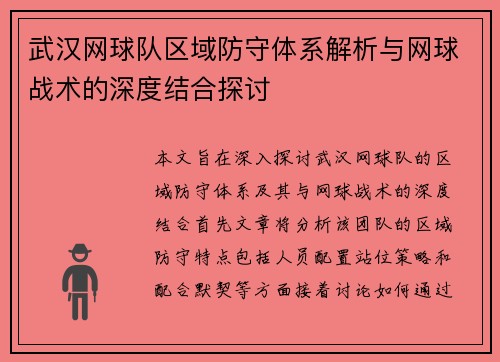 武汉网球队区域防守体系解析与网球战术的深度结合探讨